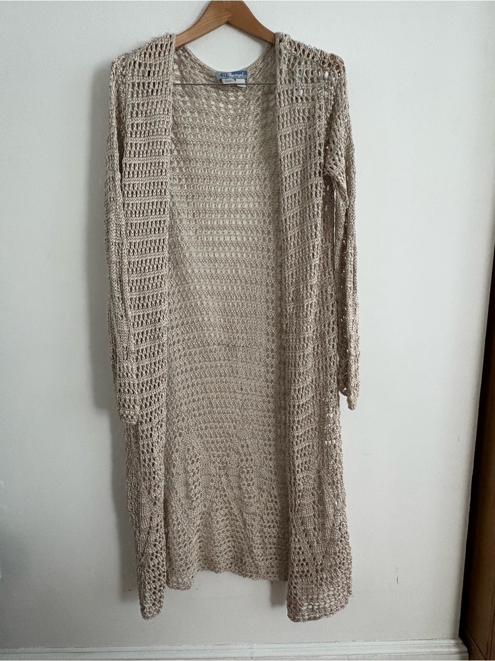 4U Spiegel Open Knit Long Duster Cardigan Oatmeal Crochet Sweater Size Large